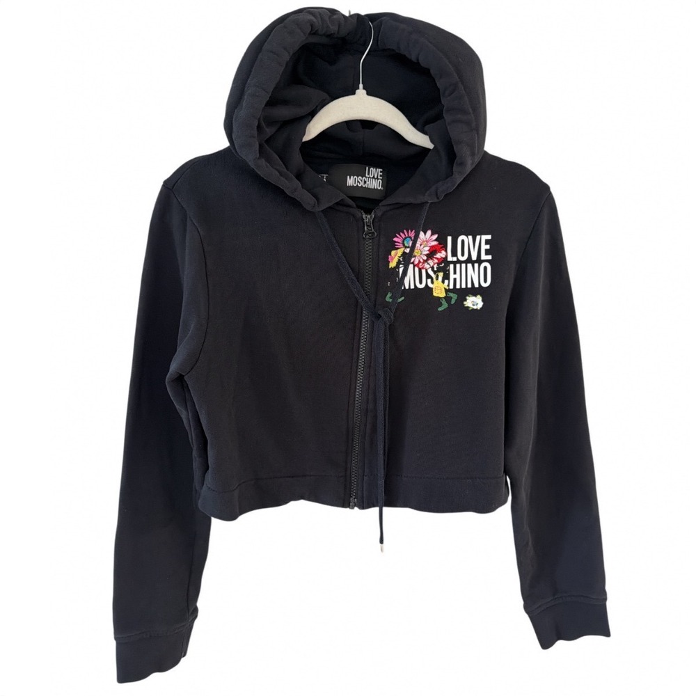 Love Moschino Black Cropped Zip Up Hoodie Floral Graphic Logo Womens Size 4